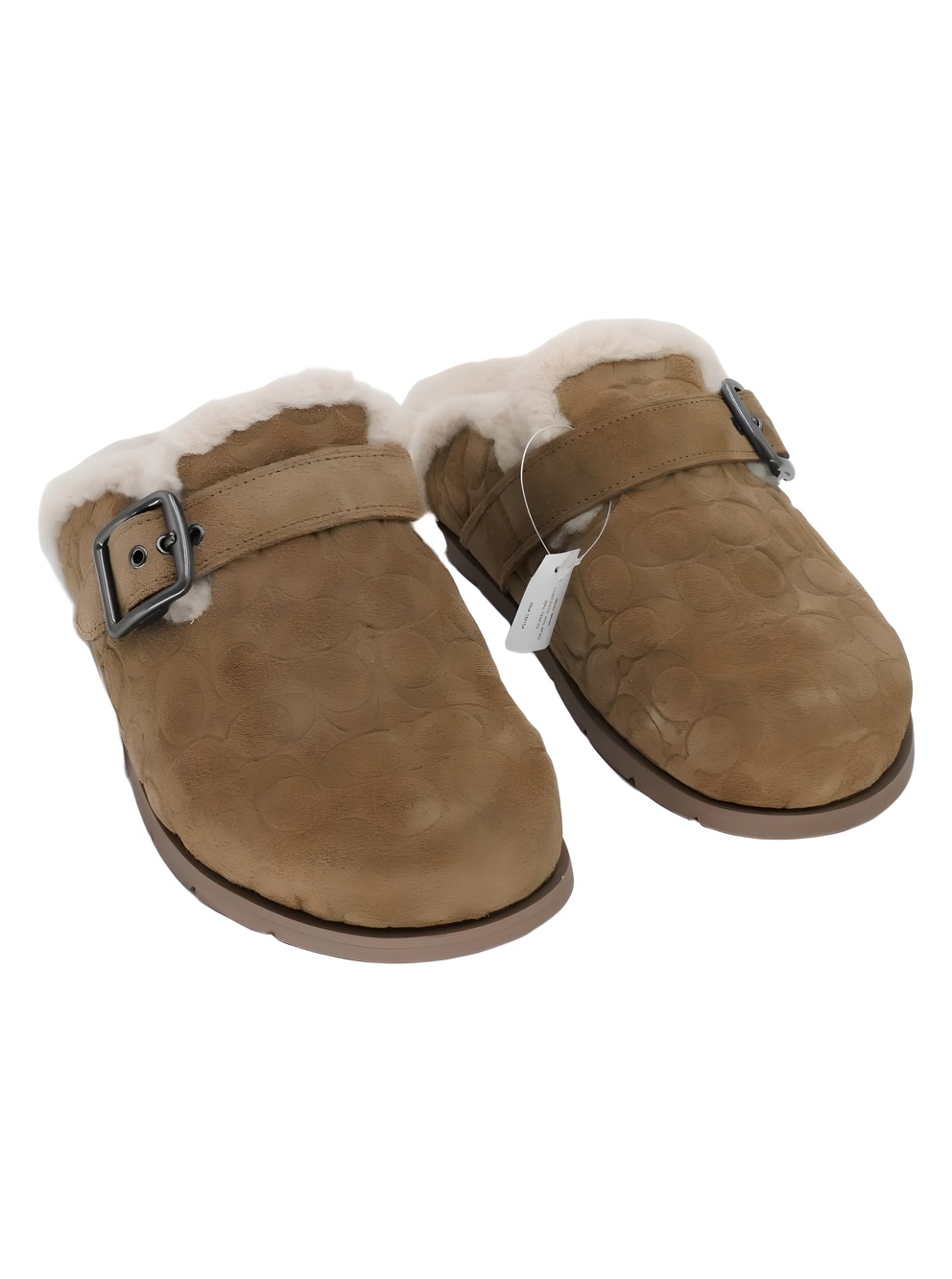 COACH Signature Suede Shearling Lined Buckle Clog Mules Tobacco Brown Size 9